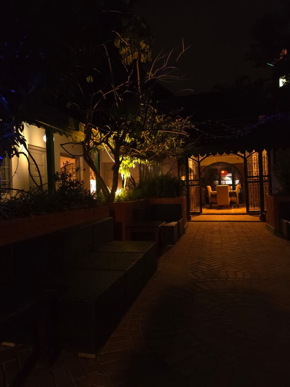 Hotel courtyard at night